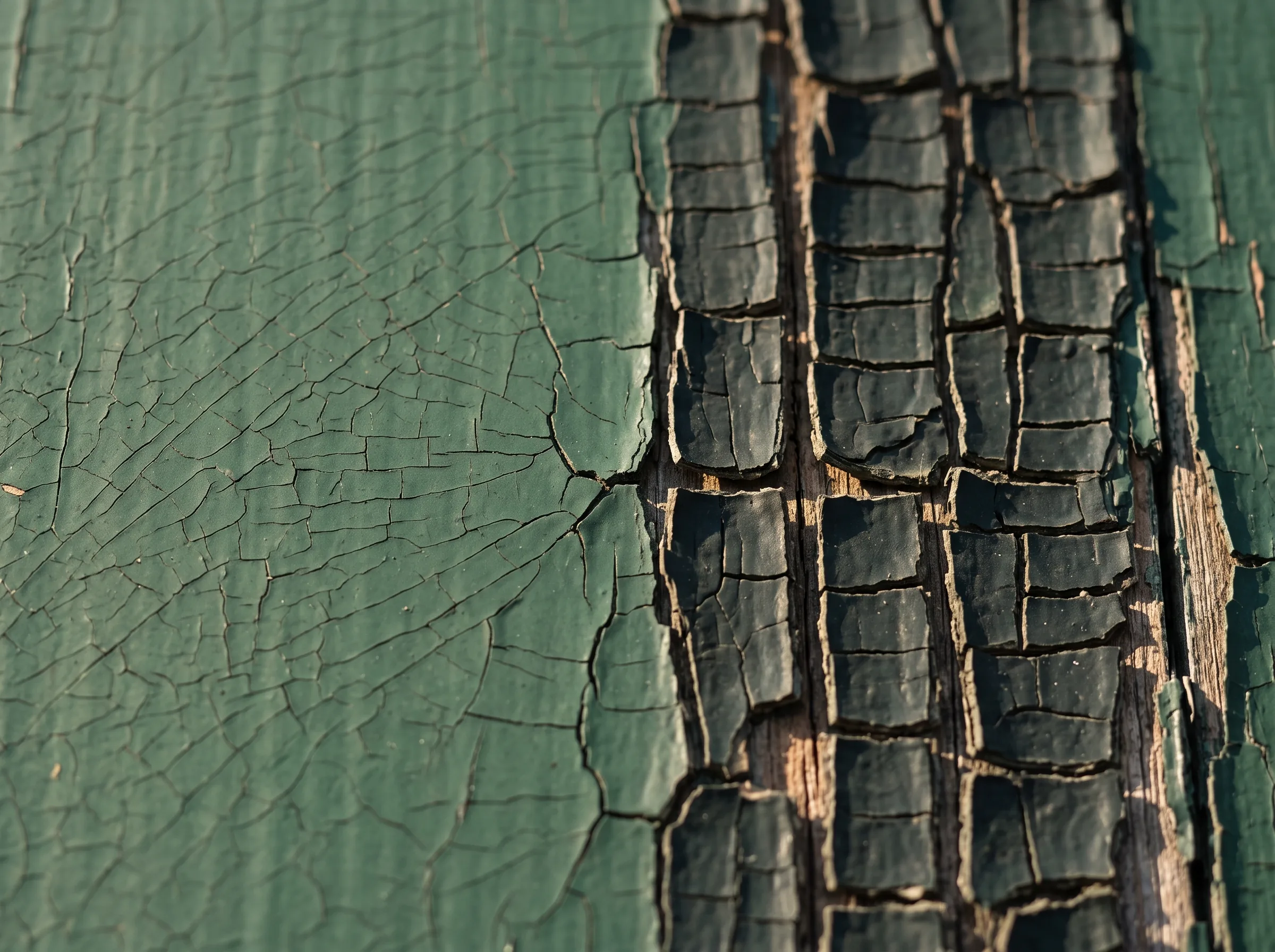 Old painted surface showing fine hairline surface checking on one side and deep alligatored cracking that breaks through to the substrate on the other