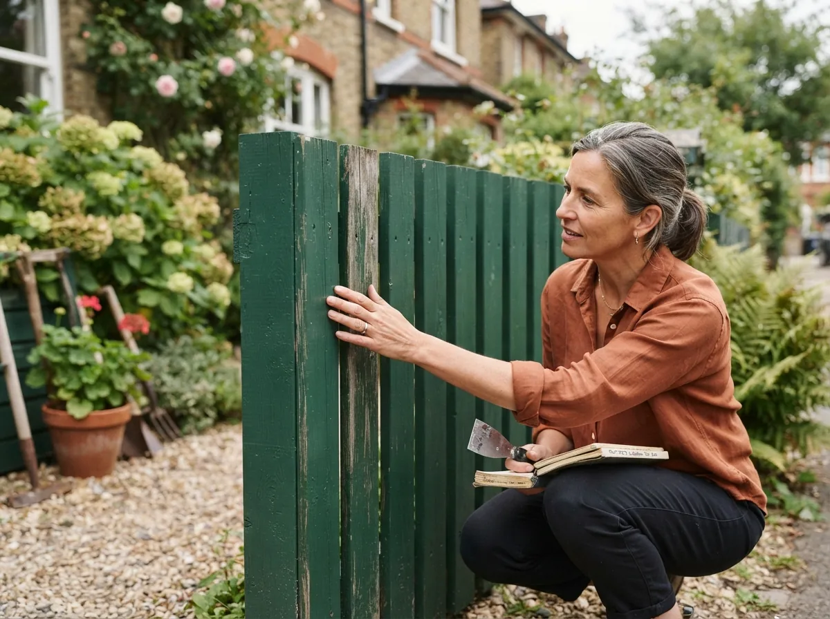 Person crouched at a green board fence, holding a paint sample card against the boards to compare the colour