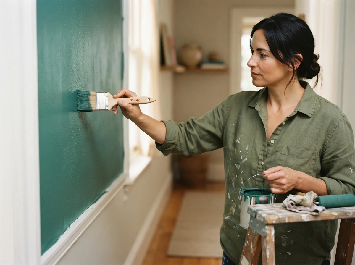 Person cutting in along the ceiling line of a deep green wall with an angled brush