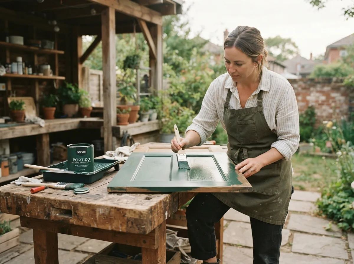 Person brushing green paint onto a panelled door laid flat across a workshop bench