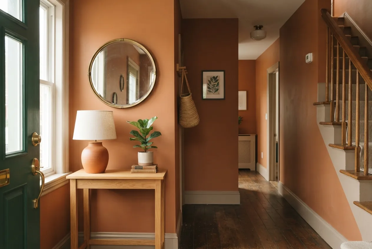 Welcoming entryway and hallway painted in Pretty Parasol