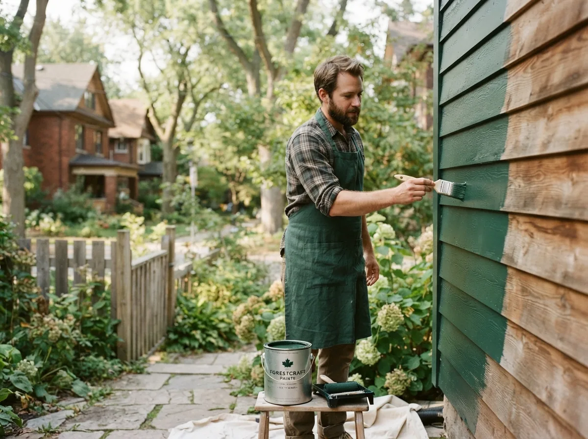 Person applying dark green paint to wood siding on a house exterior, paint tin on the ground beside them