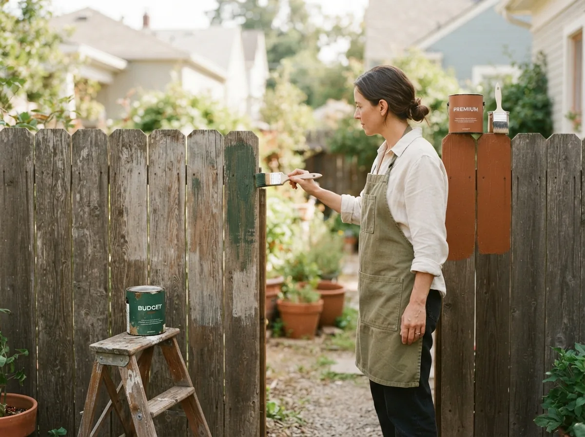 Person brushing stain onto a weathered board fence, a paint tin resting on a stepladder