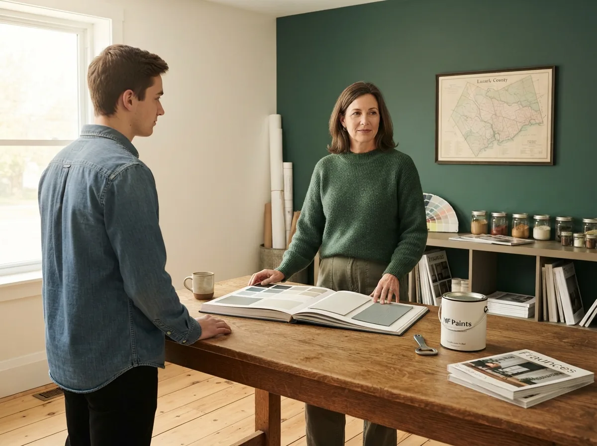Two people talking across a workbench in a paint shop with an open colour reference book between them