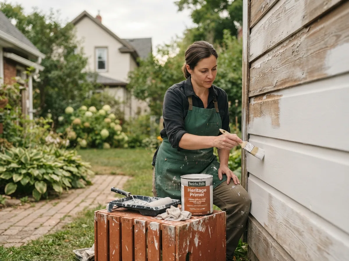 Person applying primer to bare wood siding on a house exterior, tins set out on a crate
