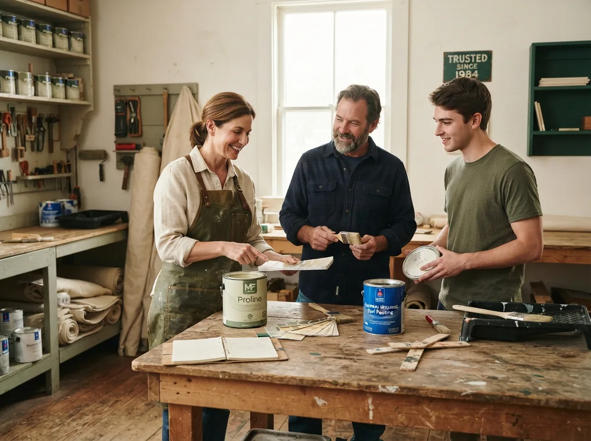 Three people in a workshop discussing paint tins and sample boards laid out on a bench