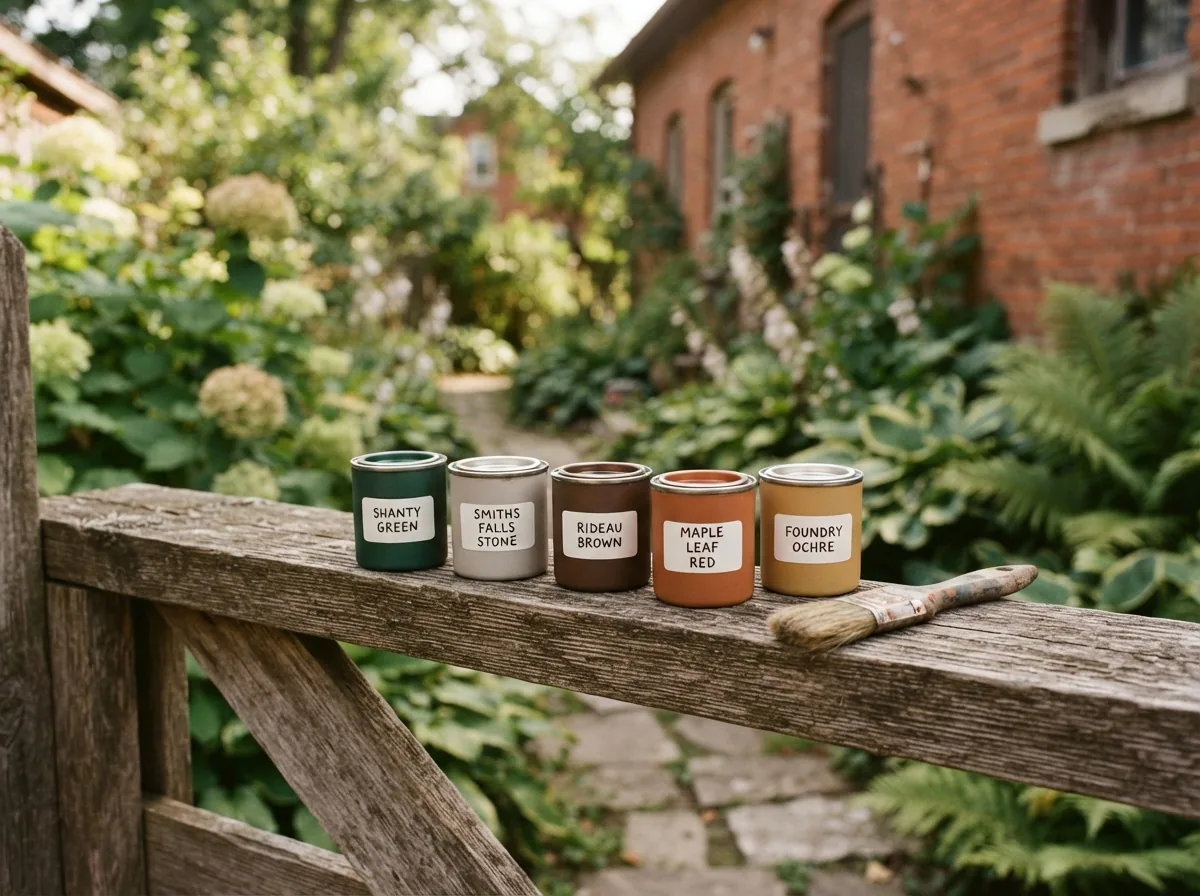 Row of paint tins lined up along a weathered deck rail in a garden, each labelled with a different colour name