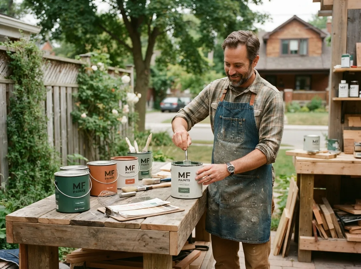 Person setting out MF Paints tins on a workbench outside a workshop