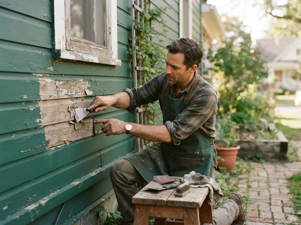 Person scraping loose paint from weathered wood siding beside a window on a green-painted house
