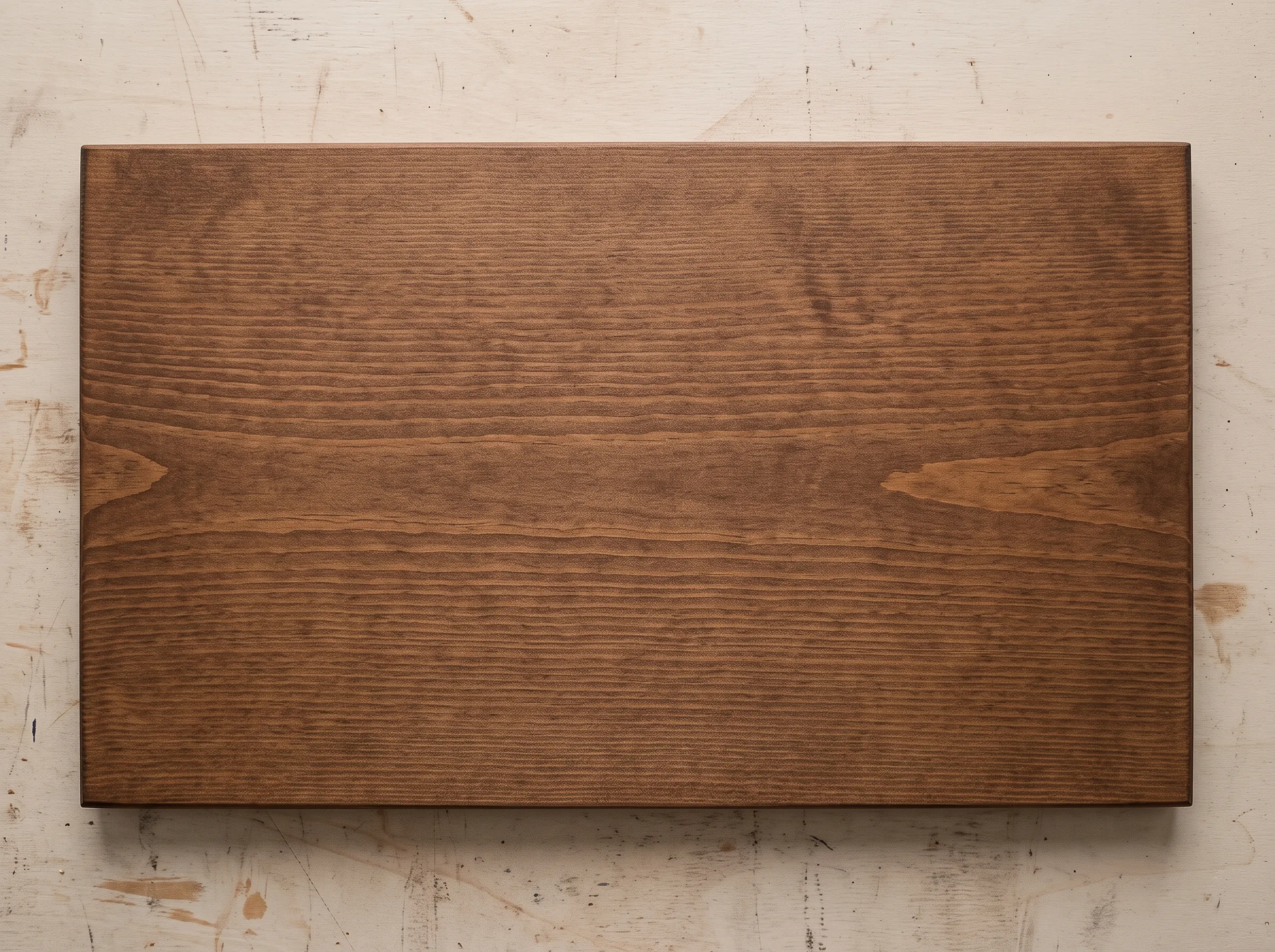 The same pine board stained the same walnut tone after pre-stain conditioner, the colour laid down evenly end to end
