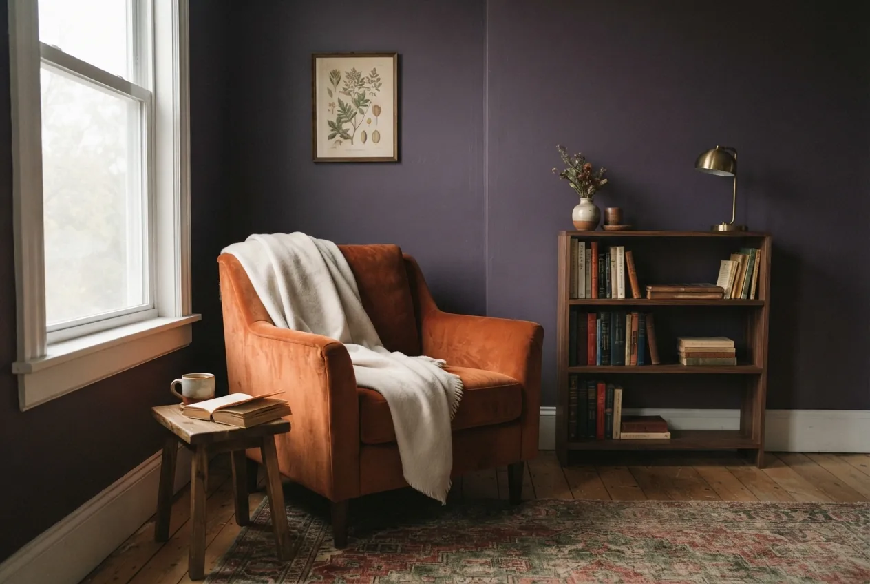 Moody reading nook with a velvet armchair painted in True Romance