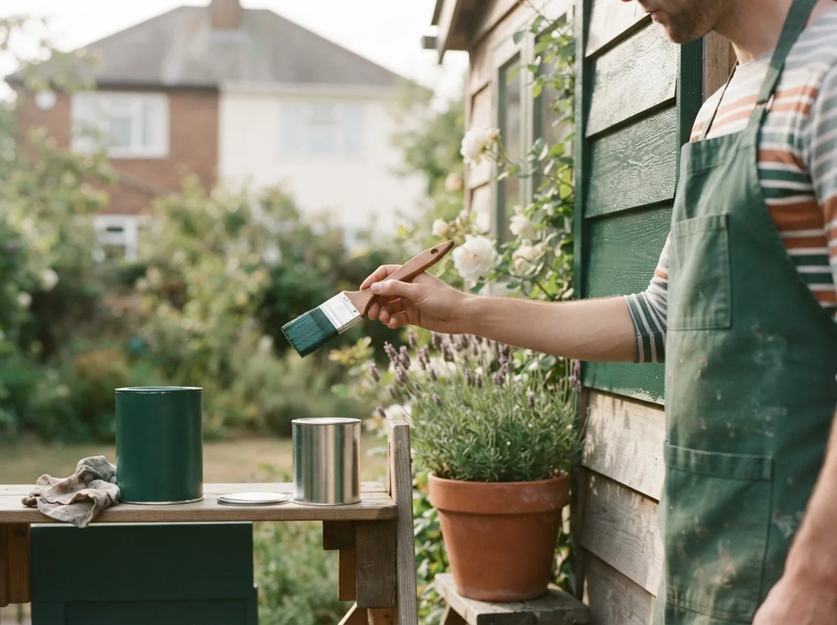 Person holding a loaded brush beside freshly painted green siding, paint tins on a table behind
