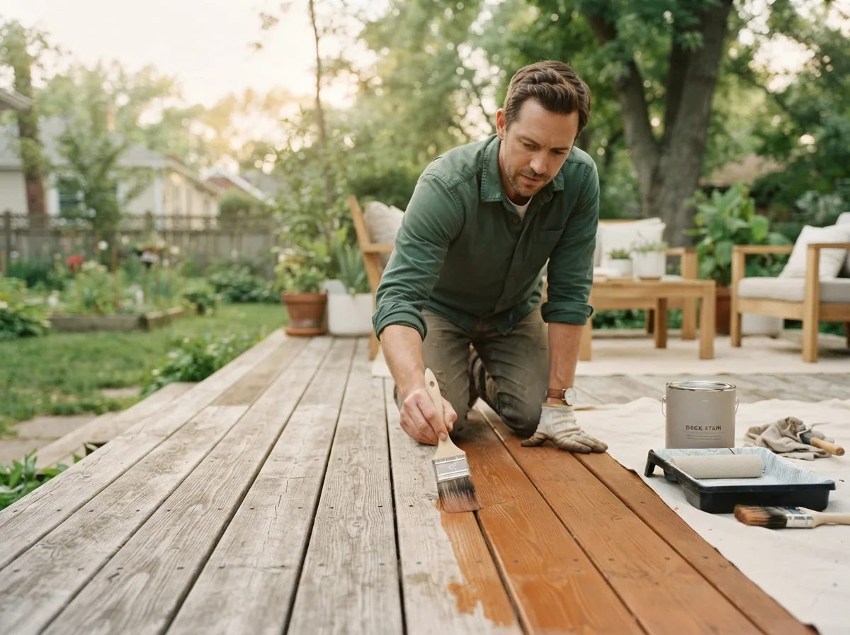 Person staining a deck board, the freshly stained boards a rich brown against the weathered grey ones alongside