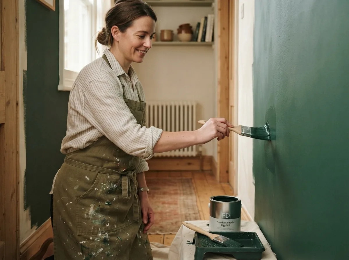 Person rolling deep green paint onto an interior wall, tray and tin on the floor