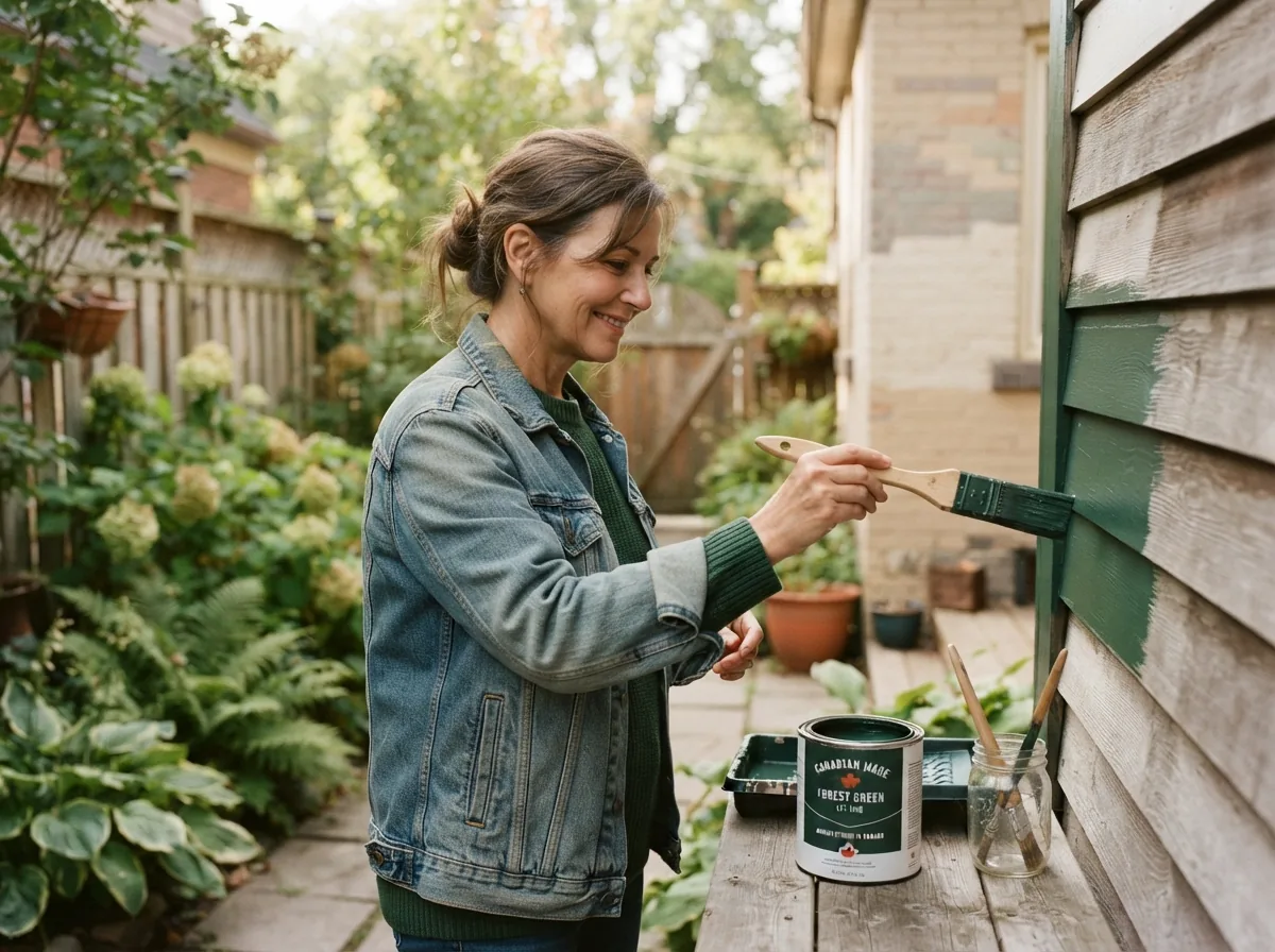 Person brushing green paint onto weathered wood siding, bare boards still unpainted above