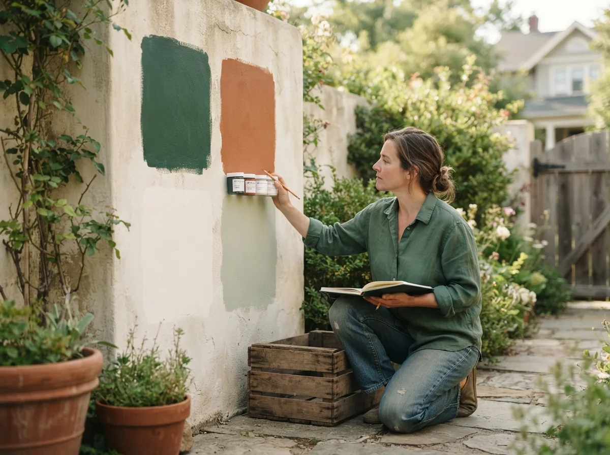 Person kneeling with a notebook beside a wall carrying two large test patches, one green and one terracotta