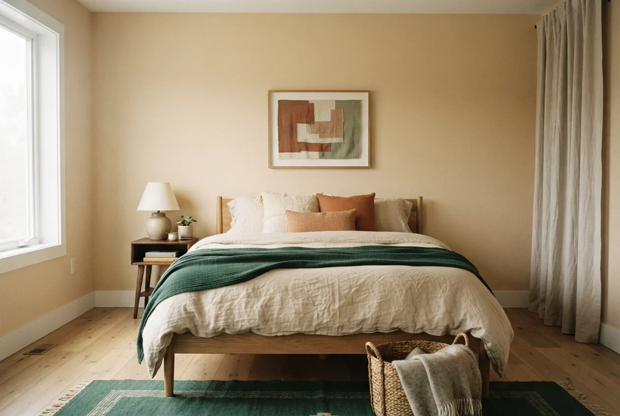 Calm bedroom with linen bedding painted in Alchemy
