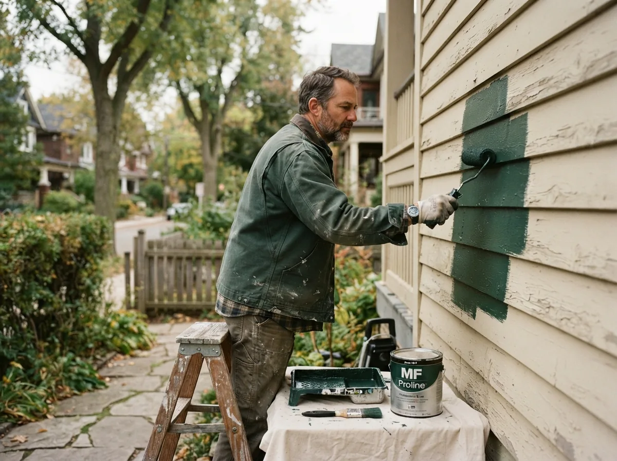 Person on a stepladder brushing a green test patch onto pale house siding
