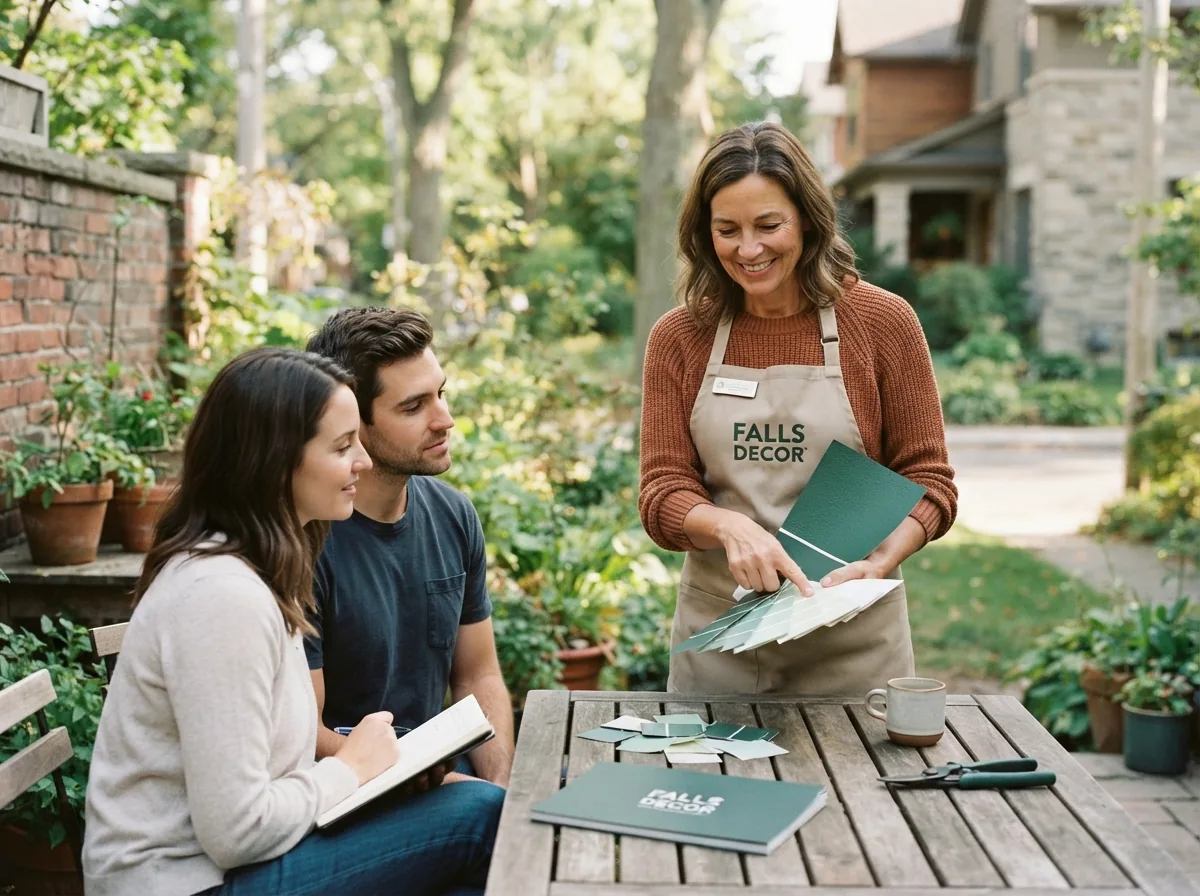 Falls Decor staff member showing colour samples to a couple seated at an outdoor table