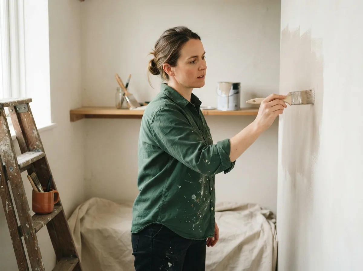 Person cutting in pale paint along the edge of an interior wall