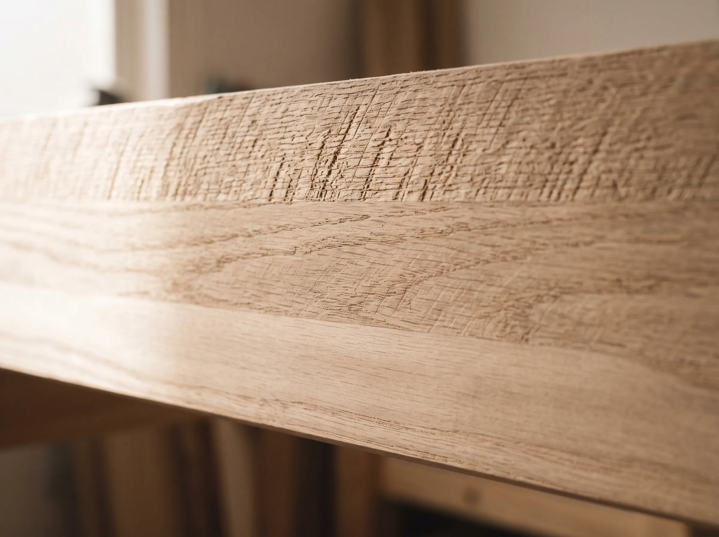 Macro of one board sanded in three bands: coarse scratch lines, finer marks, then a glassy smooth surface that reflects light cleanly