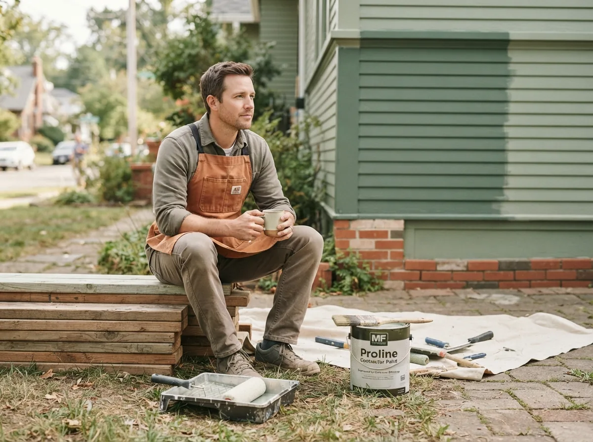 Person sitting on a step outside a house holding a paint tin, roller tray and MF Proline tin at their feet