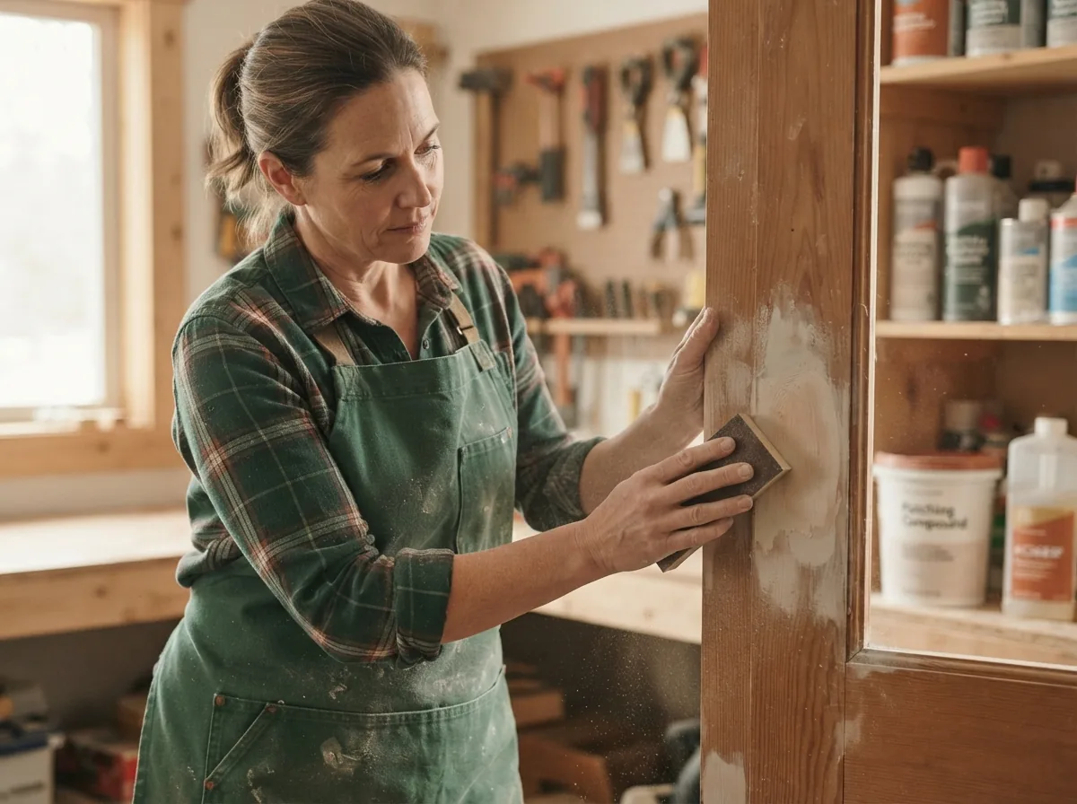 Person hand-sanding a door frame with a sanding block in a workshop