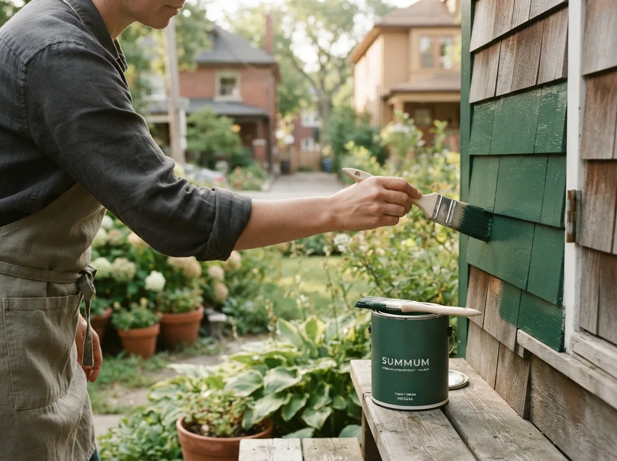 Person brushing dark green paint onto cedar shingle siding, a tin on the ledge below