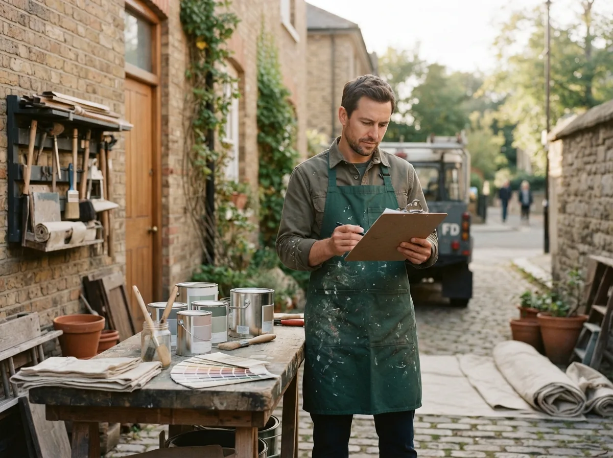 Person with a clipboard checking supplies at an outdoor workbench, paint tins and rolled drop sheets around them