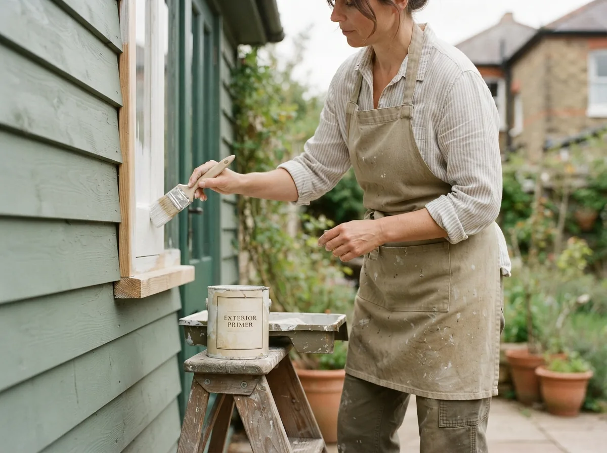 Person brushing primer onto exterior window trim on green siding, primer tin on the trestle below