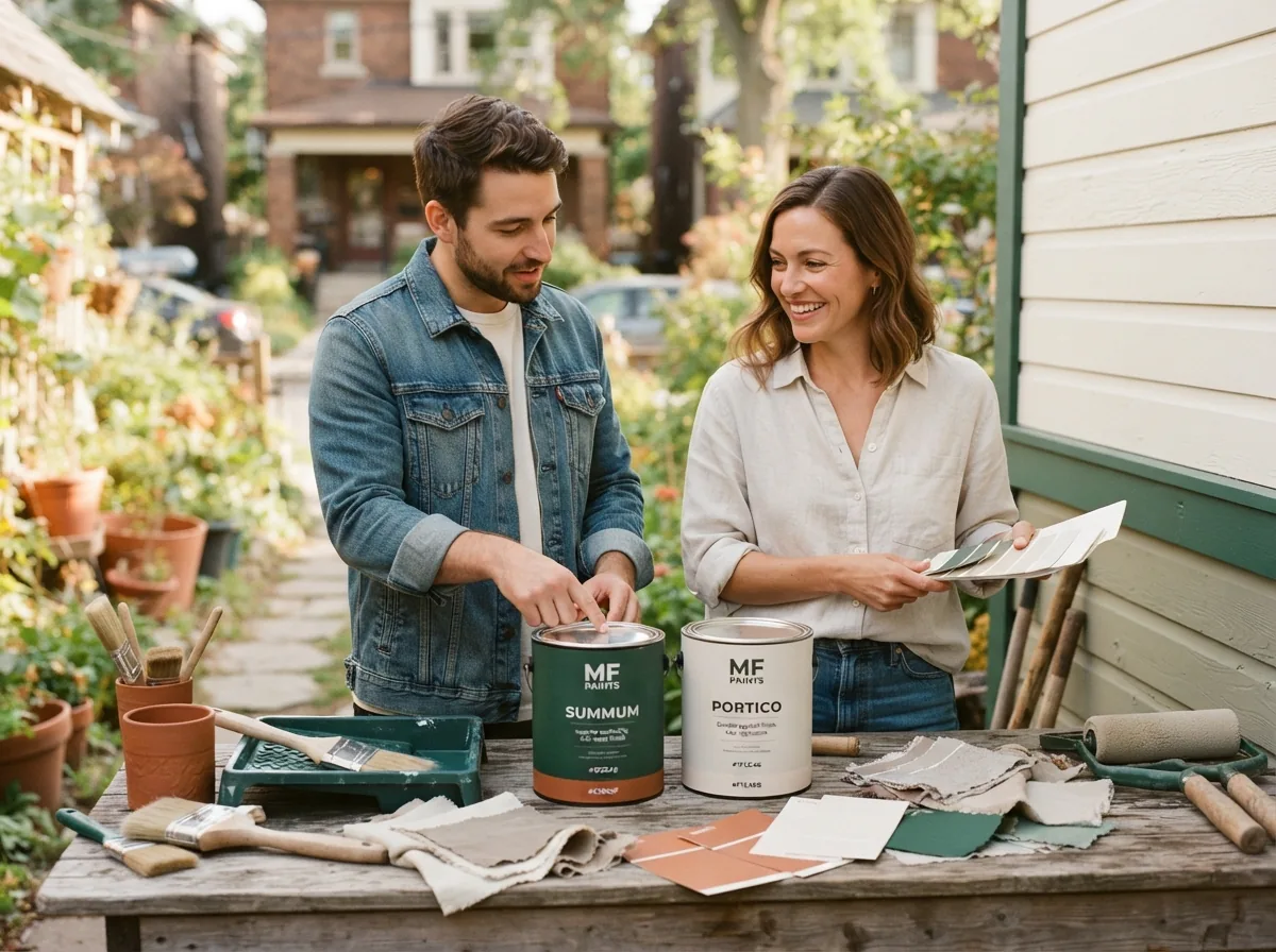 Two people looking over colour samples and paint tins set out on a table beside a house