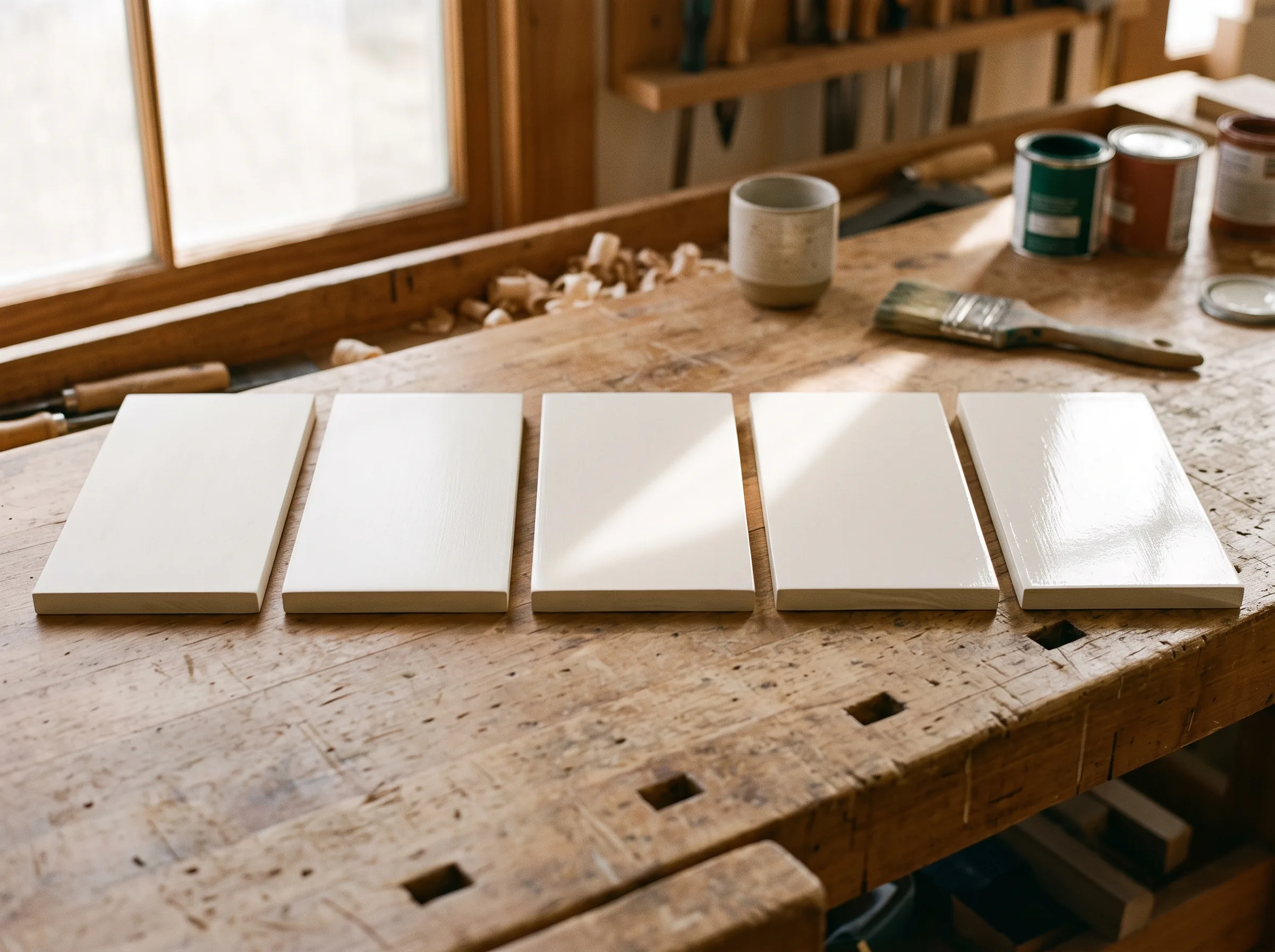 Five panels painted the same soft white in a row from flat to high gloss, each step reflecting the raking light more sharply than the one before