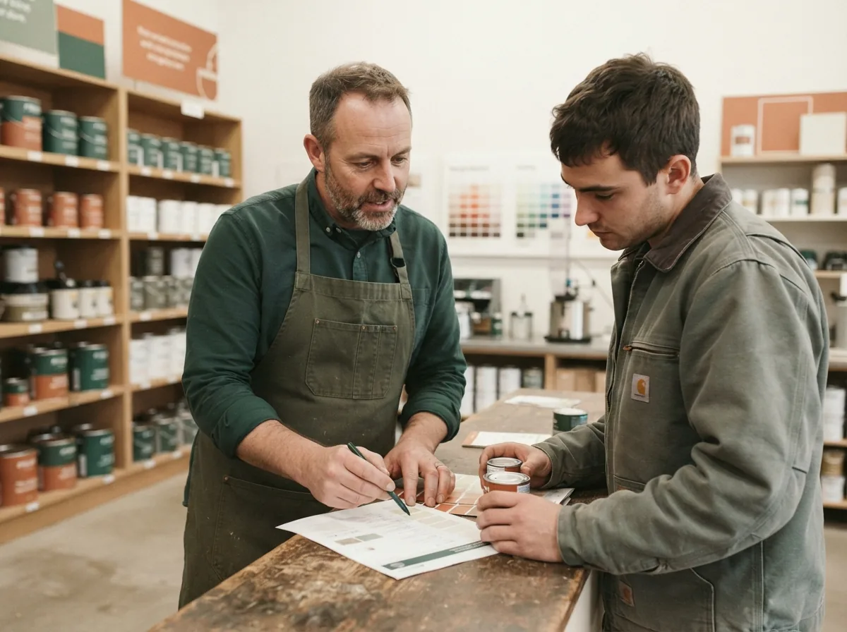 Falls Decor staff member writing up an order at the shop counter with a customer, paint shelves behind