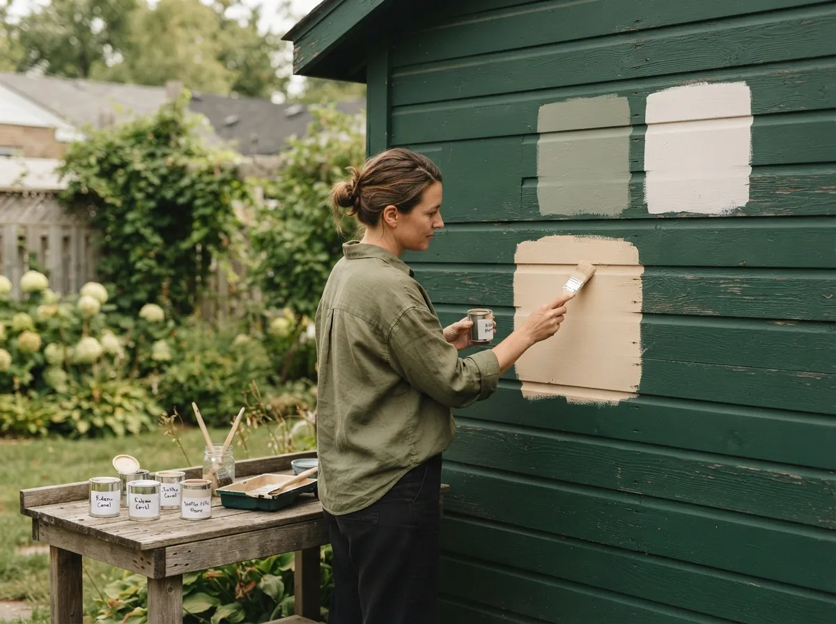 Person brushing a large pale test patch onto dark green siding beside two other test squares