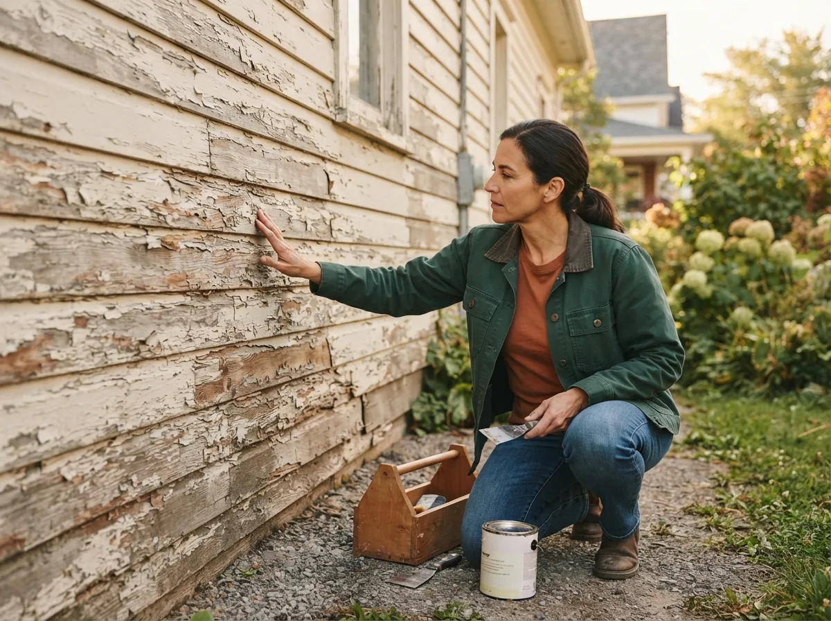 Person crouched beside a wall of bare, weathered and peeling siding, resting a hand against it