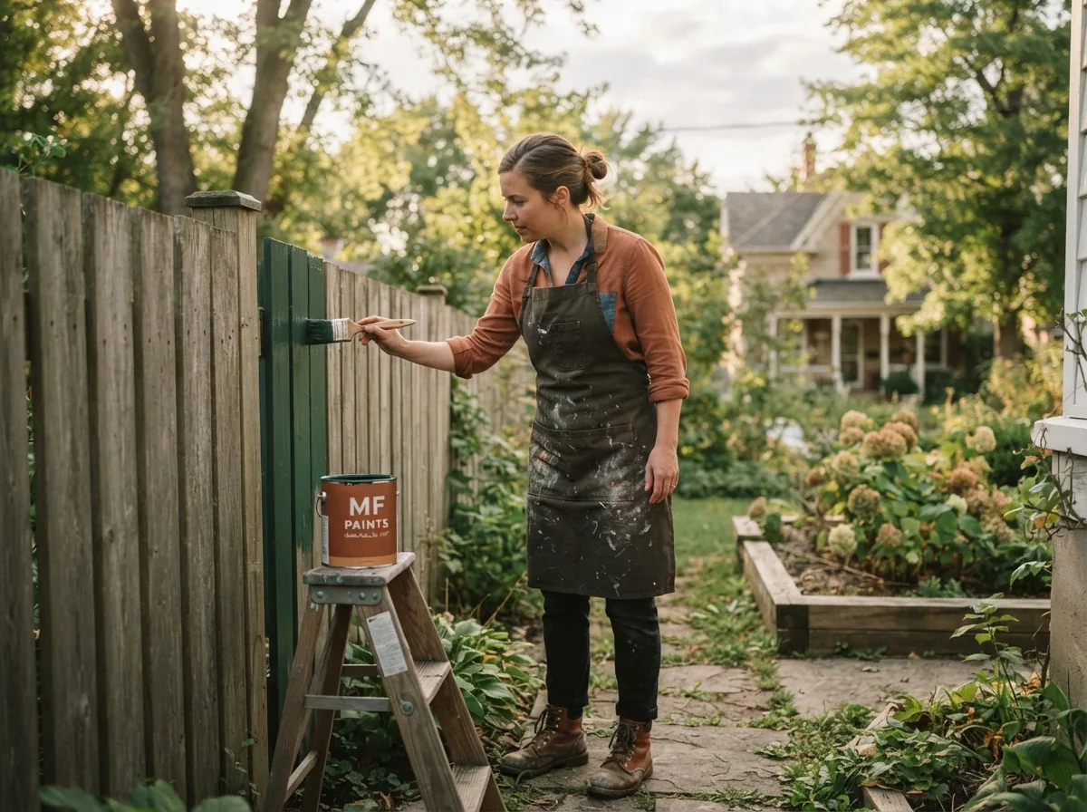 Person painting a garden gate green, MF Paints tin resting on a stepladder beside them
