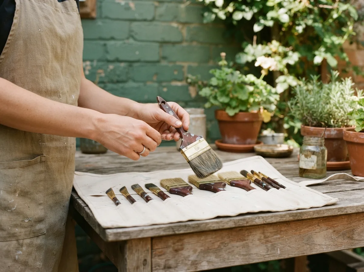 Person brushing stain onto a row of small wood sample sticks laid out on a bench