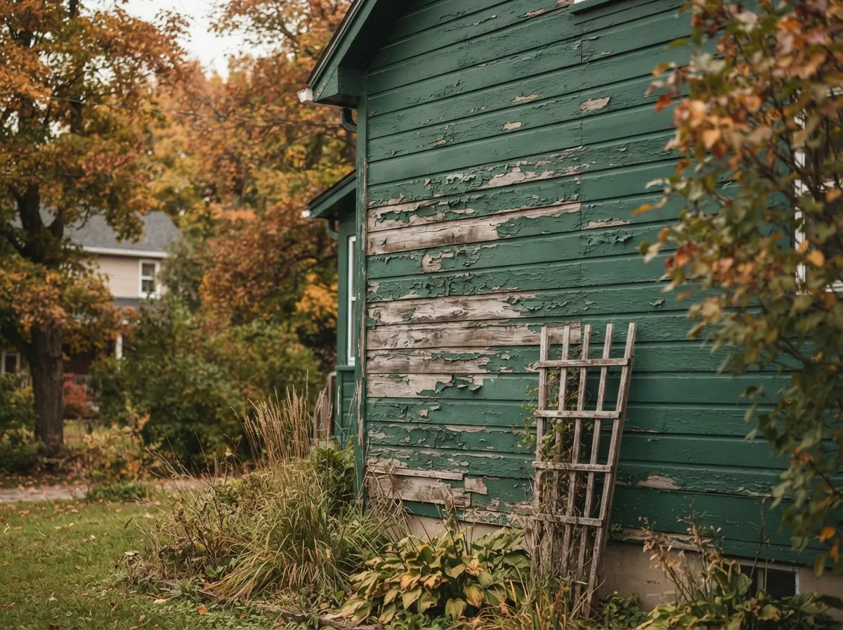 Green-painted outbuilding with heavily weathered siding, autumn trees behind