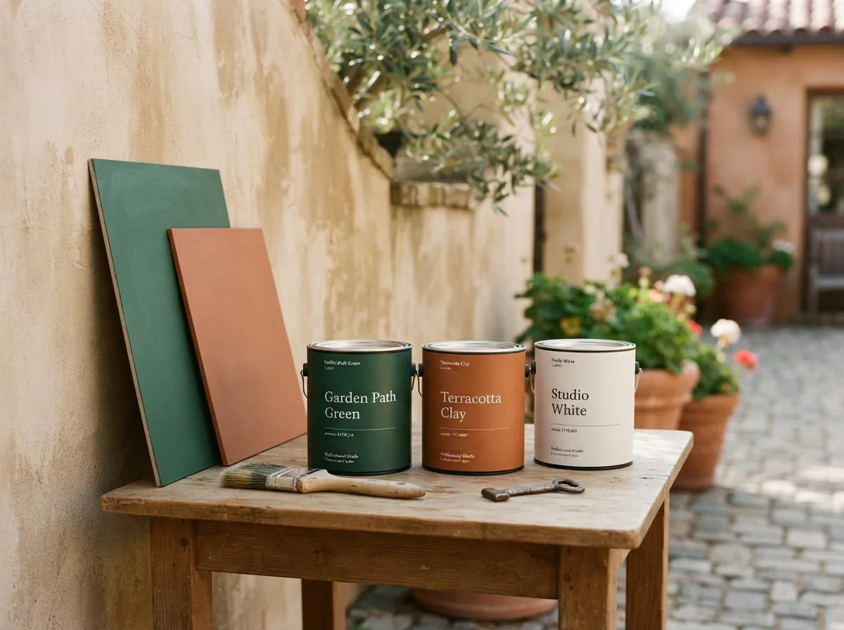 Three paint tins and two colour boards set out on a table against a stucco wall