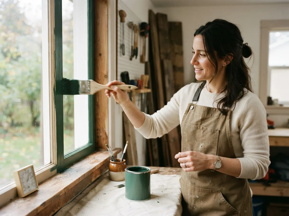 Person brushing dark green paint onto an interior window frame