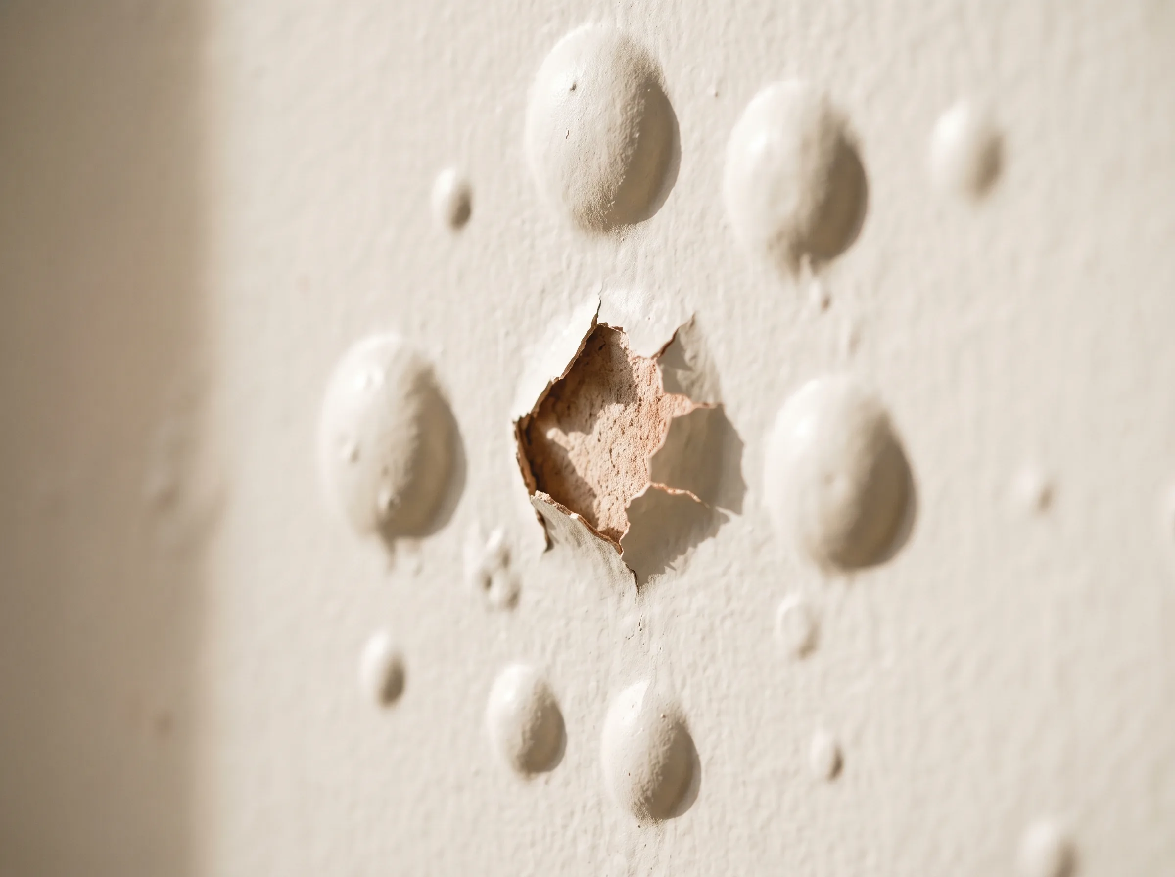 Painted wall covered in raised paint blisters, several domed and intact and one broken open to show bare substrate underneath