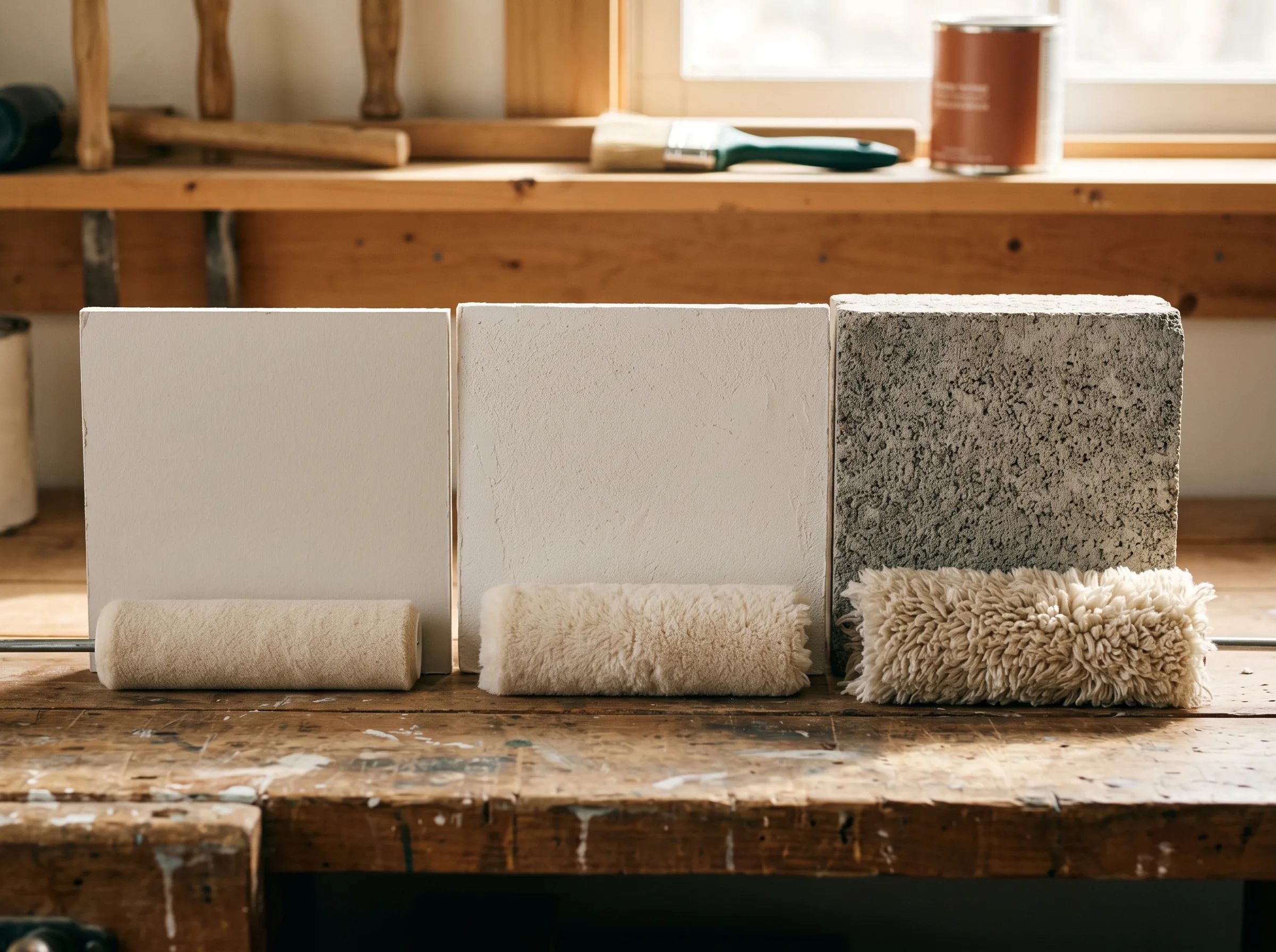 Three roller covers of increasing nap depth, each resting against the surface it suits: short nap on smooth drywall, medium nap on light texture, long nap on rough masonry