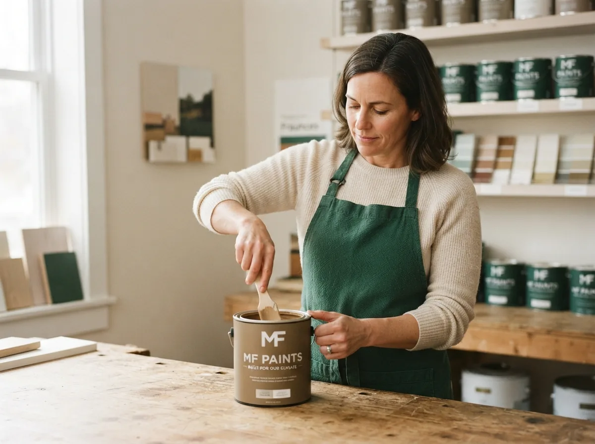 Falls Decor staff member stirring an open tin of MF Paints at the shop counter, stock shelves behind