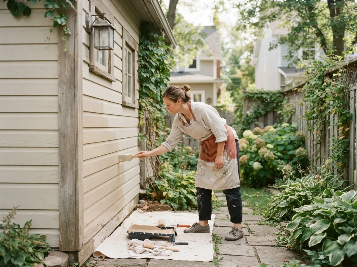 Person checking the condition of pale wood siding along the side of a house, tools on the path