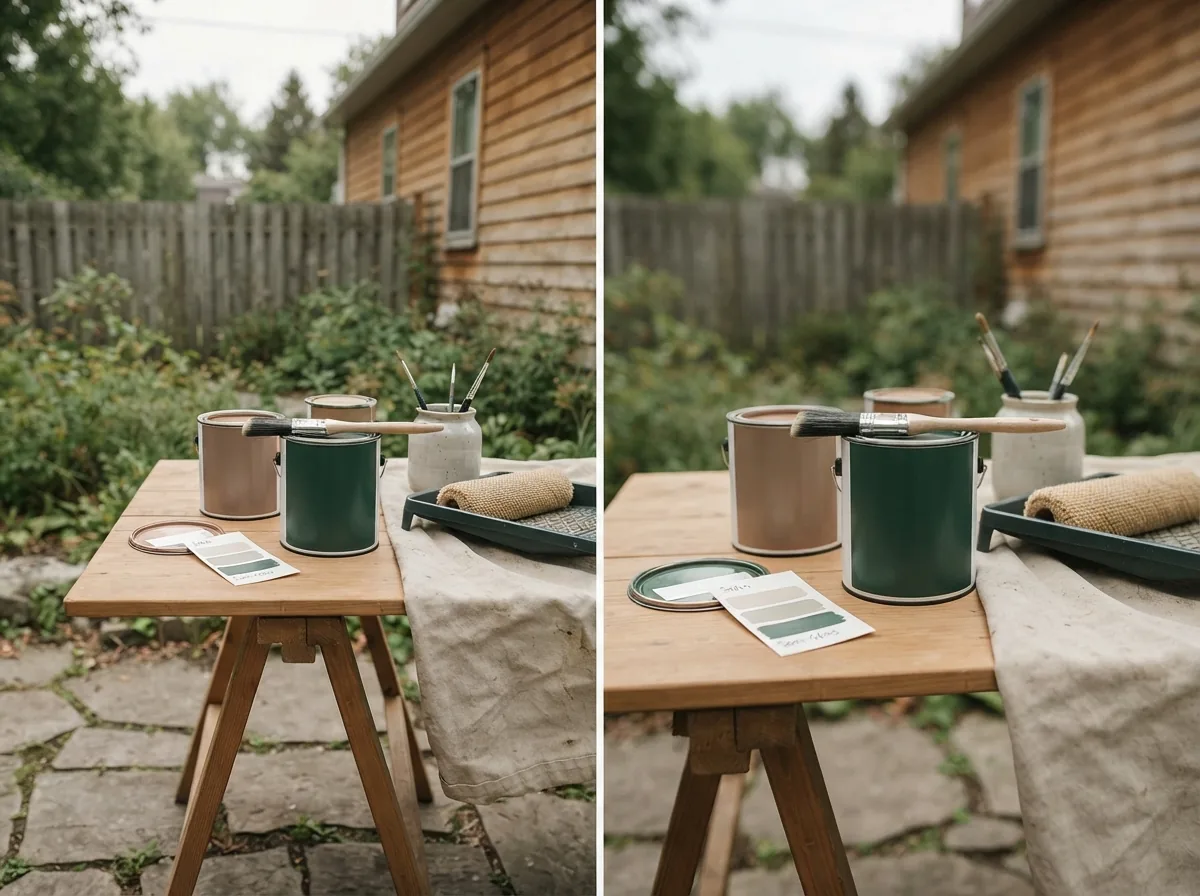 Two paint tins and a roller set out on a trestle table in a garden