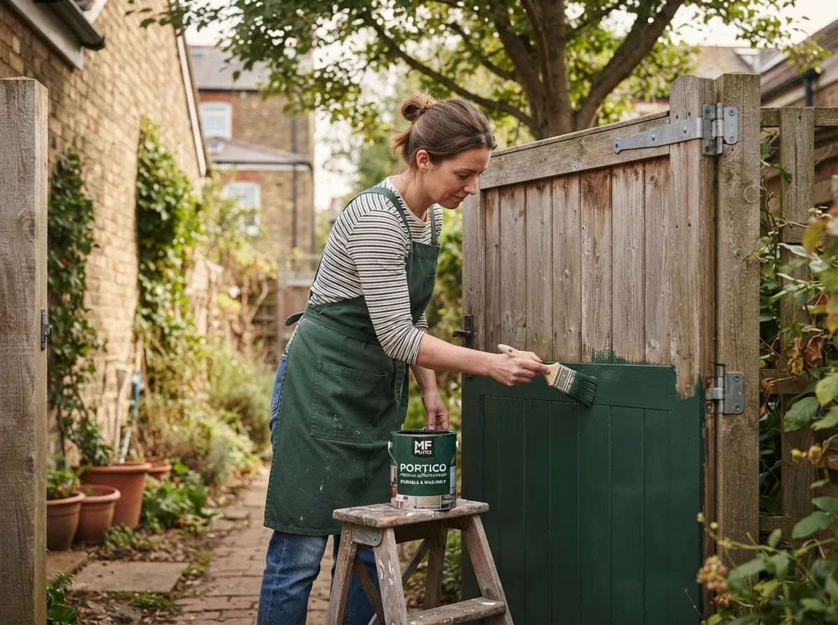 Person on a stepladder painting a wooden gate dark green, an MF Paints tin beside them