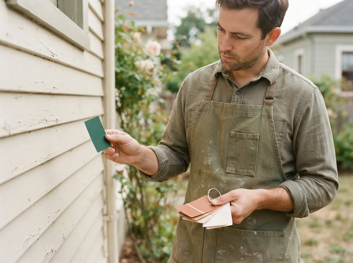 Person holding a green colour sample card up against pale house siding to compare