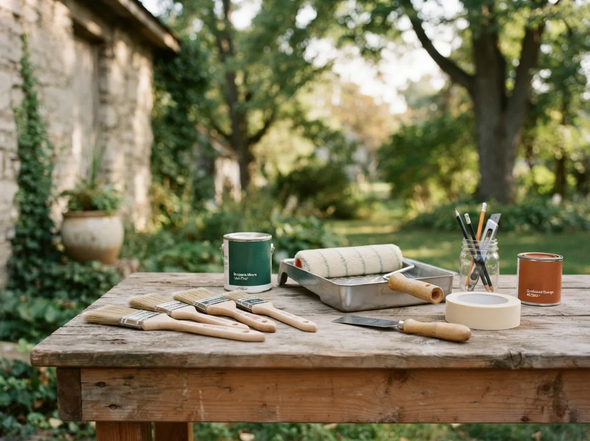 Paint tin, roller tray and a row of brushes and putty knives laid out on an outdoor workbench