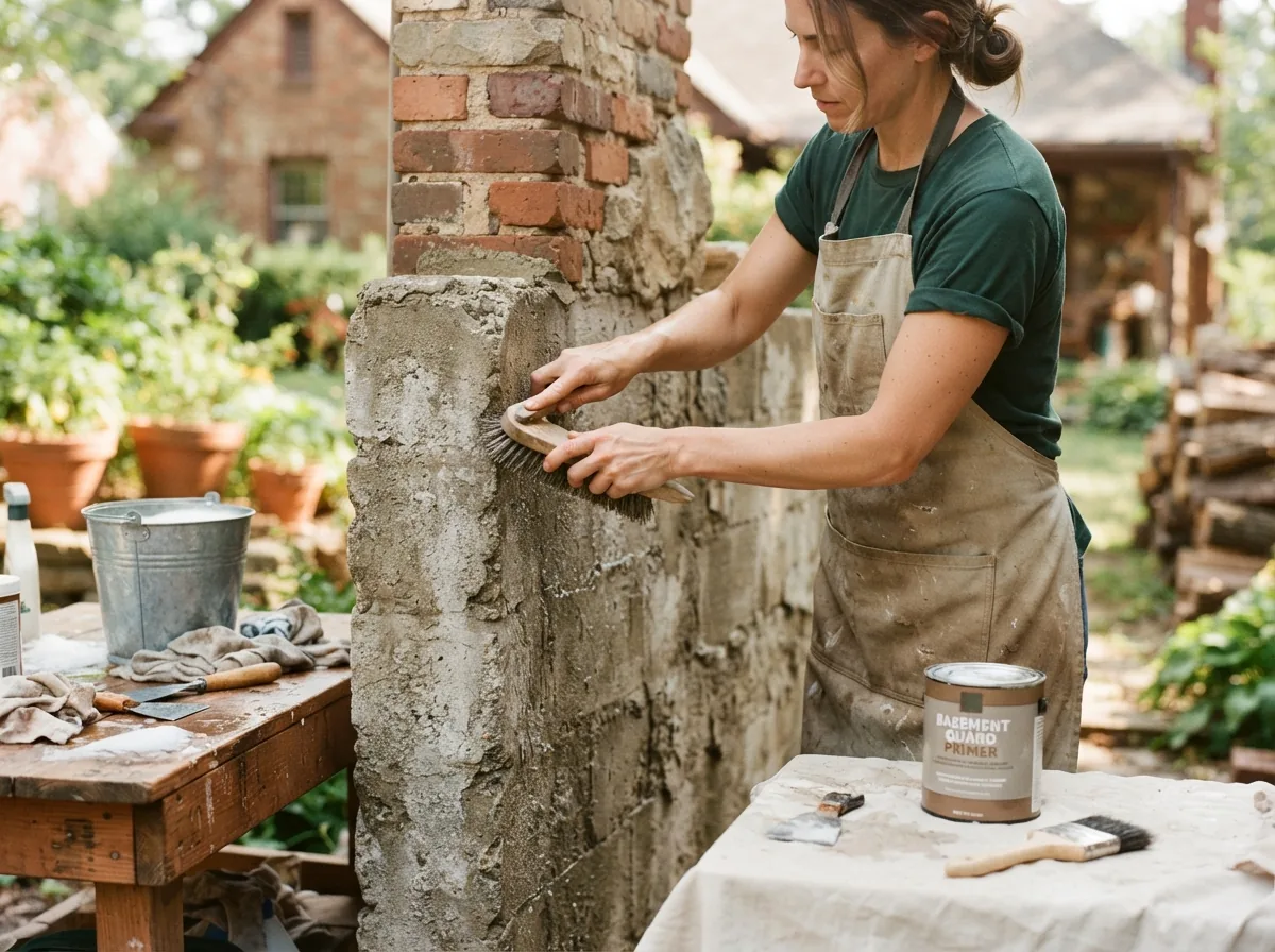 Person patching a rough concrete pillar with filler, tin and tools on the table beside them