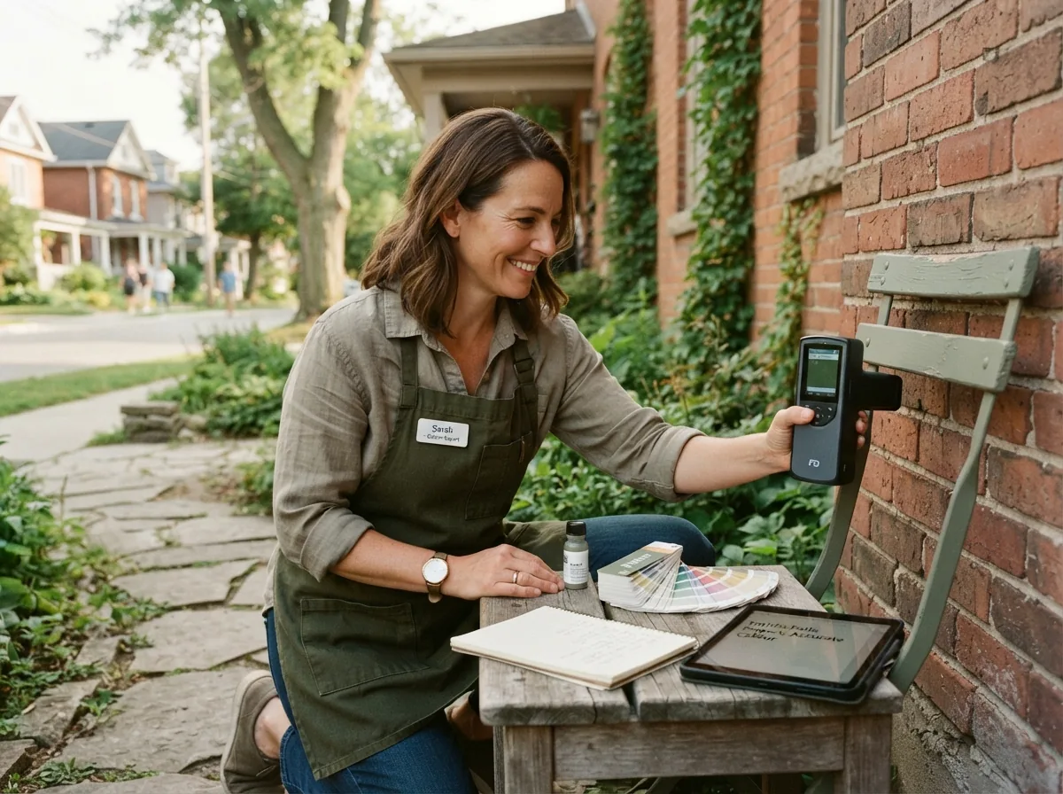 Falls Decor staff member holding a colour reader against a green painted chair back, tablet and swatches on the table